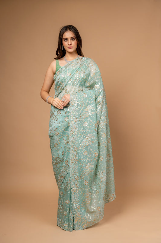 Royal Heritage Tea-green Organza Floral Saree With Unstitched Blouse