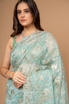 Royal Heritage Tea-green Organza Floral Saree With Unstitched Blouse