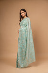 Royal Heritage Tea-green Organza Floral Saree With Unstitched Blouse
