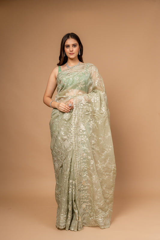 Wrapped in Elegance Pista Organza Saree And Woven Zari Border With Unstitched Blouse