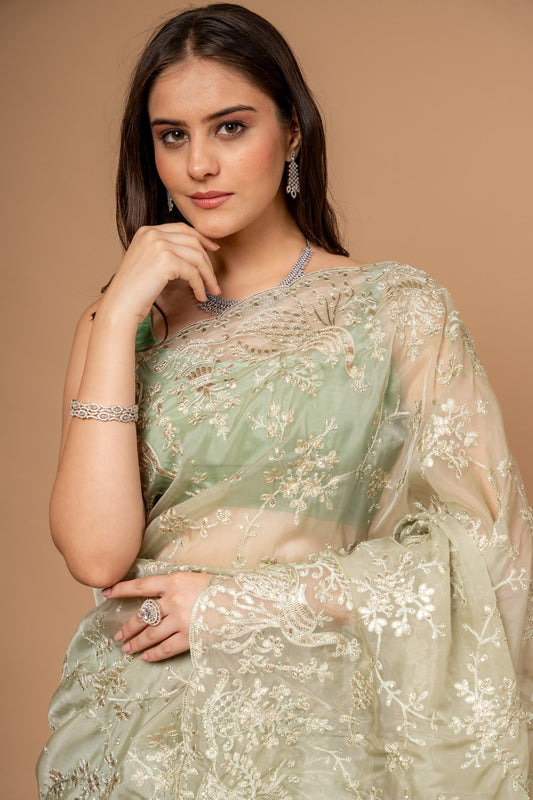 Wrapped in Elegance Pista Organza Saree And Woven Zari Border With Unstitched Blouse