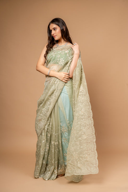 Wrapped in Elegance Pista Organza Saree And Woven Zari Border With Unstitched Blouse