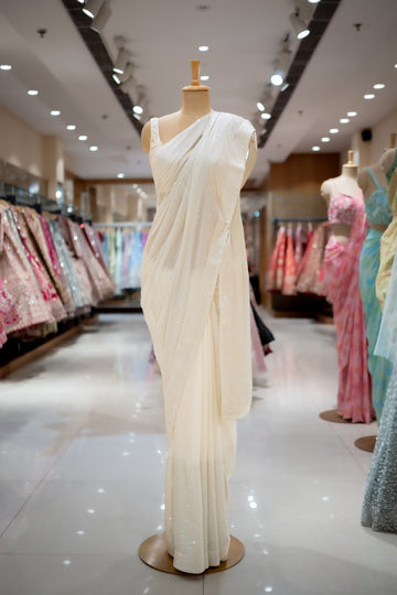White Satin Embroidered Saree With Unstitched Blouse