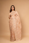Graceful Flow Peach Organza Saree And Woven Zari Border With Unstitched Blouse