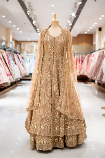 WEDDING Peach Net Lehenga Set And Net Dupatta With Readymade Blouse
