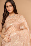 Graceful Flow Peach Organza Saree And Woven Zari Border With Unstitched Blouse
