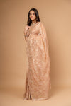 Graceful Flow Peach Organza Saree And Woven Zari Border With Unstitched Blouse