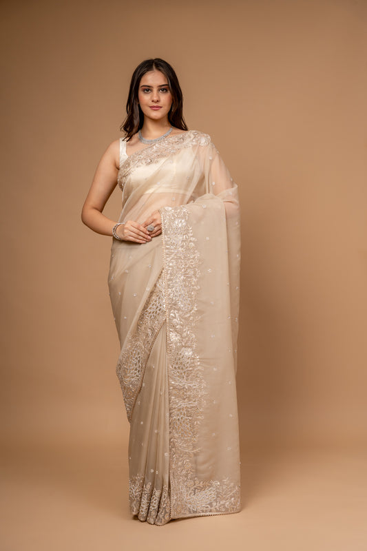 Timeless Beauty Tussar Organza Saree And Woven Zari Border With Unstitched Blouse