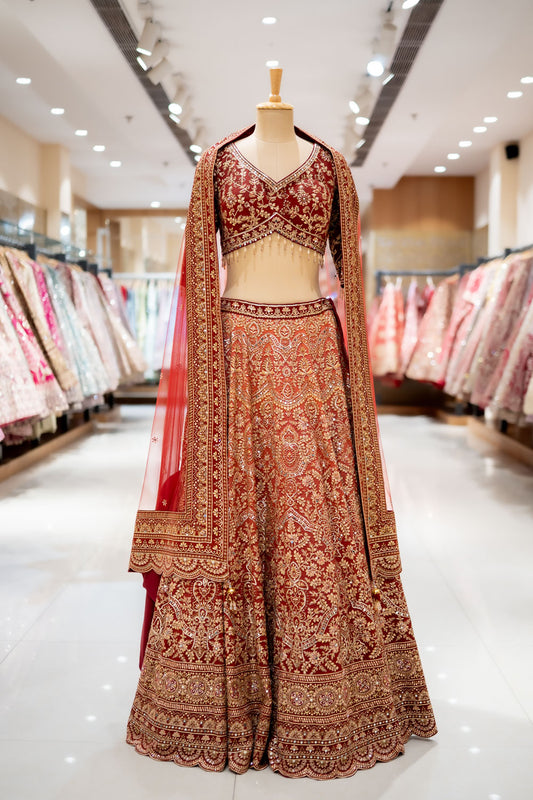 Maroon Crepe Lehenga Set And Net Dupatta With Readymade Blouse