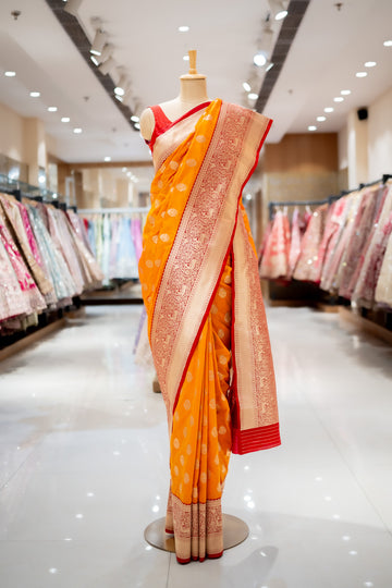 HALDI Mustard Banarasi Silk Saree With Unstitched Blouse