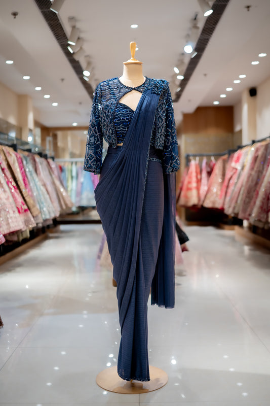 SANGEET Midnight Blue Lycra Readymade Designer Saree with Readymade Blouse