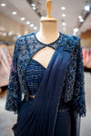 SANGEET Midnight Blue Lycra Readymade Designer Saree with Readymade Blouse