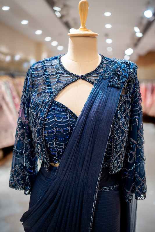 SANGEET Midnight Blue Lycra Readymade Designer Saree with Readymade Blouse