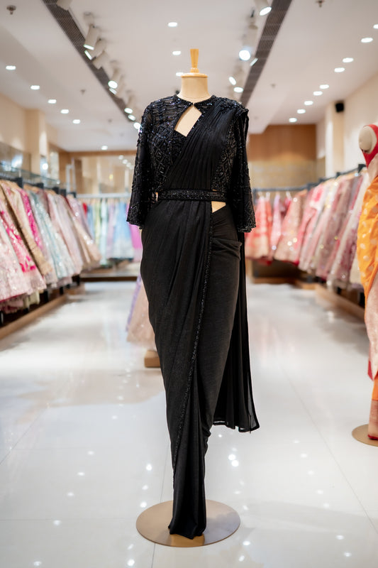 COCKTAIL Black Lycra Readymade Designer Saree with Readymade Blouse