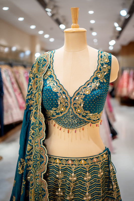 RECEPTION Rama Crepe Lehenga Set And Crepe Dupatta With Readymade Blouse