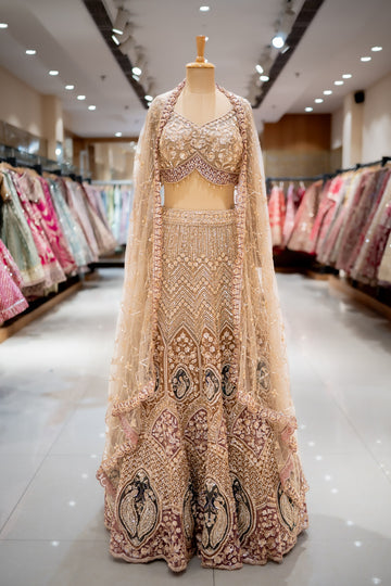 WEDDING Tussar Gajari Net Lehenga Set And Net Dupatta With Readymade Blouse