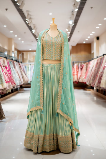 RECEPTION Mint Green Shimmer Lehenga Set And Organza Dupatta With Readymade Blouse