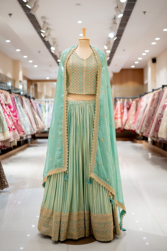 RECEPTION Mint Green Shimmer Lehenga Set And Organza Dupatta With Readymade Blouse
