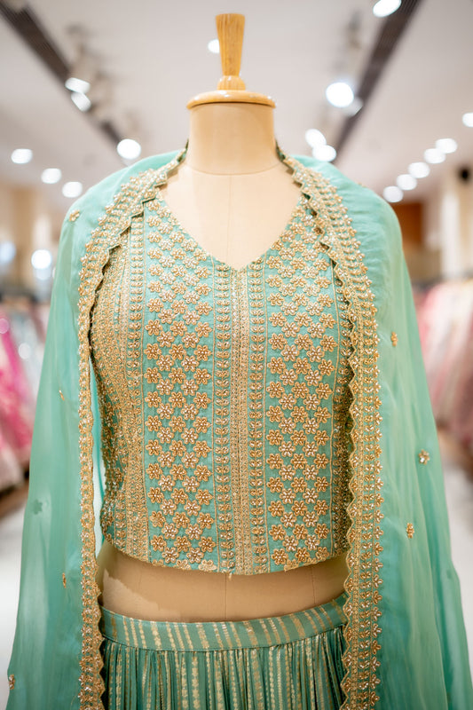 RECEPTION Mint Green Shimmer Lehenga Set And Organza Dupatta With Readymade Blouse