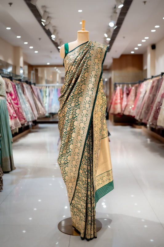 MEHENDI Bottle Green Banarasi Silk Woven Zari Saree With Unstitched Blouse