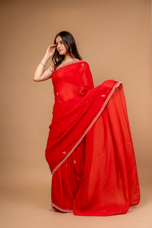 Grace Redefined Red Banarasi Saree And Zari Border With Unstitched Blouse