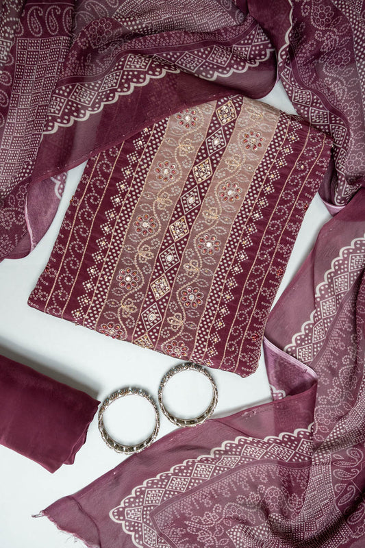 Garnet Crepe Unstitched Salwar Suit With Chinon Dupatta