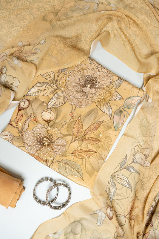 Tussar Crepe Unstitched Salwar Suit With Chinon Dupatta