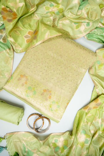 Pista Banarasi Silk Unstitched Salwar Suit With Silk Dupatta