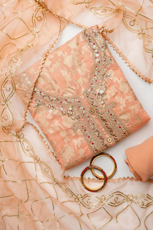 Peach Chanderi Cotton Unstitched Salwar Suit With Organza Dupatta