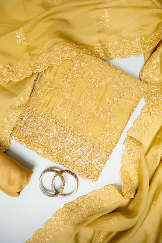 Mustard Muslin Unstitched Salwar Suit With Muslin Dupatta