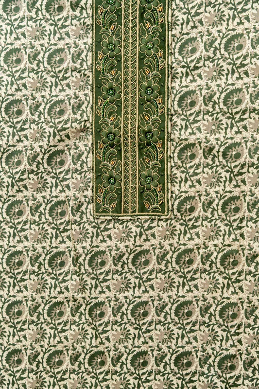 Tussar Mehndi Cotton Unstitched Salwar Suit With Cotton Dupatta