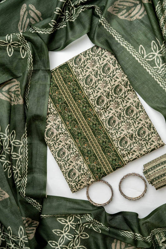 Tussar Mehndi Cotton Unstitched Salwar Suit With Cotton Dupatta