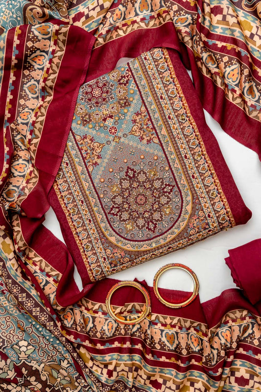 Maroon Crepe Unstitched Salwar Suit With Crepe Dupatta