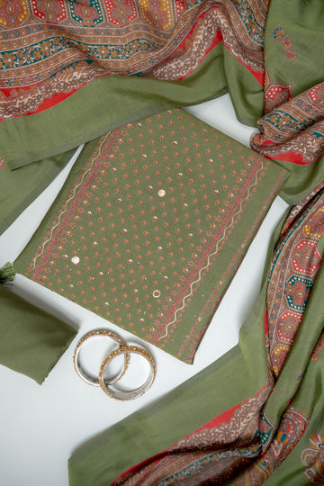 Mehndi Cotton Unstitched Salwar Suit With Cotton Dupatta