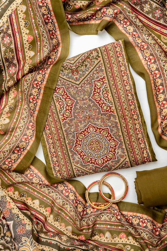 Mehndi Crepe Unstitched Salwar Suit With Crepe Dupatta