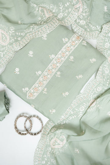 Olive Muslin Unstitched Salwar Suit With Muslin Dupatta