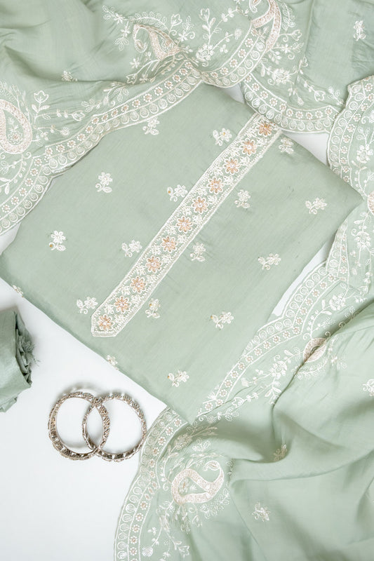 Olive Muslin Unstitched Salwar Suit With Muslin Dupatta