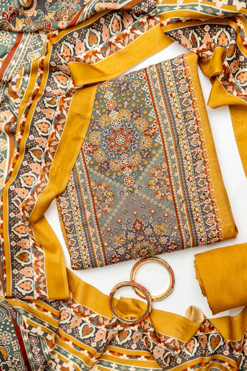 Mustard Crepe Unstitched Salwar Suit With Crepe Dupatta