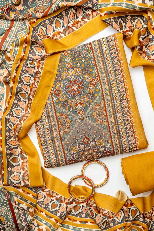 Mustard Crepe Unstitched Salwar Suit With Crepe Dupatta