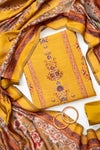Mustard Muslin Crepe Unstitched Salwar Suit With Muslin Crepe Dupatta