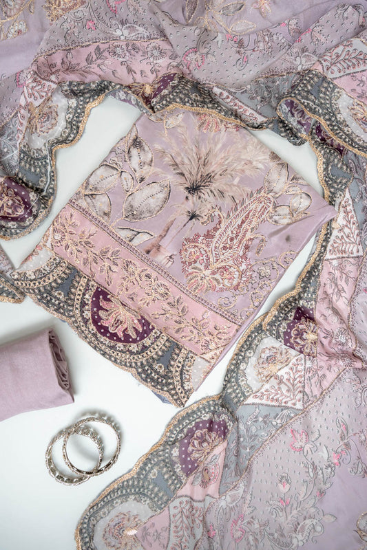 Mauve Crepe Unstitched Salwar Suit With Crepe Dupatta