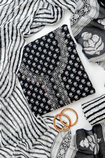 Black Cotton Unstitched Salwar Suit With Cotton Dupatta