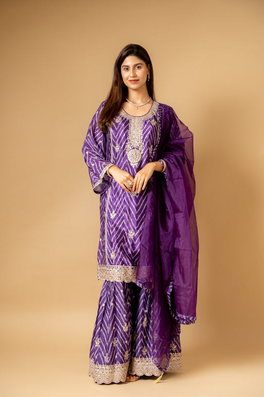 Purple Chinon Readymade Sharara Set With Net Dupatta