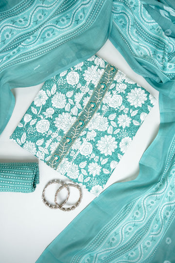 Mint Green Cotton Unstitched Salwar Suit With Cotton Dupatta