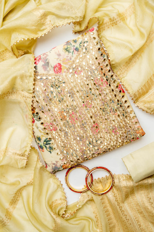 Off White Cotton Unstitched Salwar Suit With Cotton Dupatta