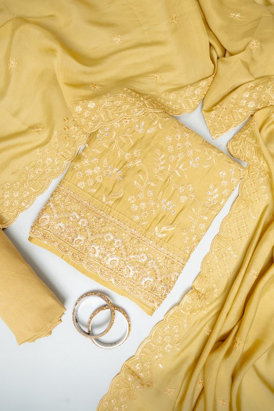 Mustard Muslin Unstitched Salwar Suit With Muslin Dupatta