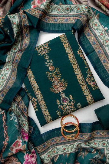Bottle Green Muslin Crepe Unstitched Salwar Suit With Muslin Crepe Dupatta