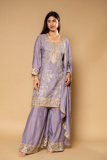 Mauve Chinon Readymade Suit And Palazzo With Chinon Dupatta
