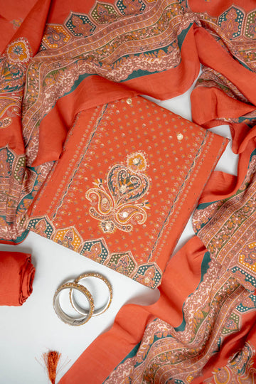 Rust Cotton Unstitched Salwar Suit With Cotton Dupatta