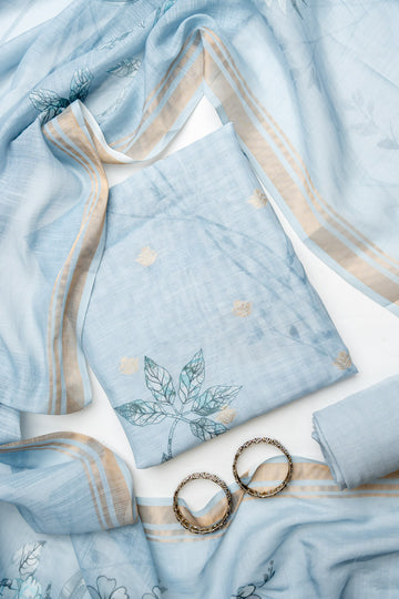 Sky Blue Cotton Unstitched Salwar Suit With Cotton Dupatta